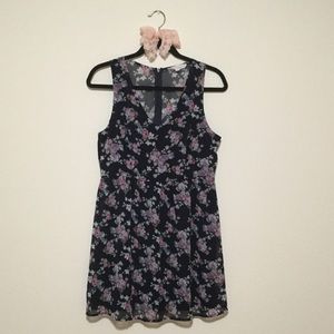 Navy Blue & Purple Floral V-Neck Dress with Sheer Back